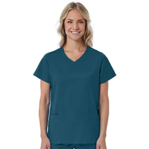 A teal women's mock wrap top with short sleeves and two front pockets, featuring a logo.