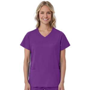 A women's mock wrap top in vibrant purple with short sleeves and two front pockets, featuring a logo.