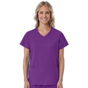 A women's mock wrap top in vibrant purple, featuring short sleeves and two front pockets.