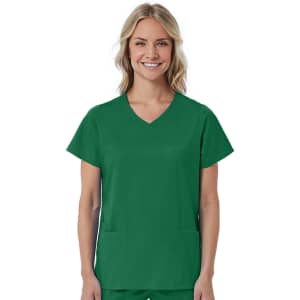 A green women's mock wrap top featuring a V-neck and short sleeves, with two front pockets.