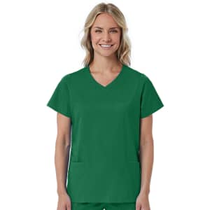 A green women's mock wrap top with short sleeves and front pockets, featuring a logo on the left side.
