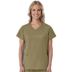 A women's mock wrap top in olive green featuring short sleeves and front pockets, with a logo on the garment.