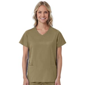A women's mock wrap top in olive green, featuring short sleeves and two front pockets. Includes a logo.