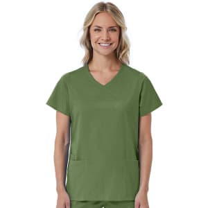 A women's mock wrap top in green with short sleeves and two front pockets. The design features a logo.