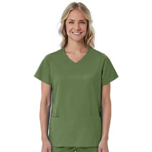 A women's mock wrap top in green, featuring short sleeves and two front pockets, with a logo on the chest.