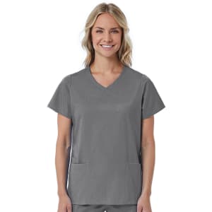 A women's mock wrap top in grey featuring short sleeves and two front pockets, with a branding logo.