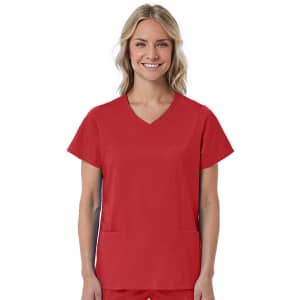 A red women's mock wrap top with short sleeves and two front pockets, featuring a logo.