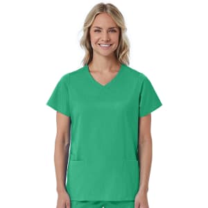 A green women's mock wrap top featuring short sleeves and two front pockets. It has a logo on the chest area.