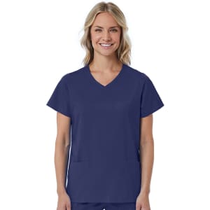 A women's mock wrap top in navy blue with short sleeves and two front pockets, featuring a logo.