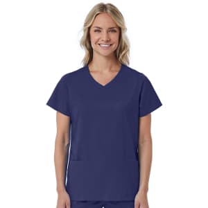 A women's mock wrap top in navy blue, featuring a V-neck and short sleeves, with two front pockets.