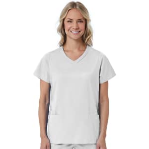 A women's mock wrap top in light grey with short sleeves and two front pockets, featuring a logo.