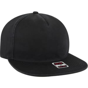 A black 5 Panel Dad Hat with a curved brim and a logo on the front. The fabric appears sturdy and smooth.