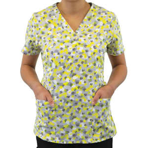 A women's V-neck top featuring a yellow, grey, and white floral pattern with short sleeves and front pockets.