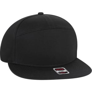 A black mid profile style mesh back trucker snapback hat with a flat brim and a logo on the front.