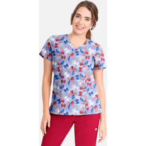 A women's V-neck top featuring a colourful butterfly print on a light blue background. The top has a logo.