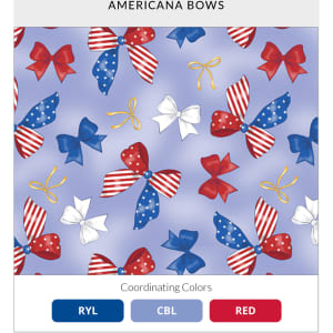 A patterned fabric featuring red, white, and blue bows on a light blue background, with a logo visible.
