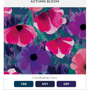 A floral pattern featuring pink and purple flowers on a dark blue background, with coordinating colour options displayed below.
