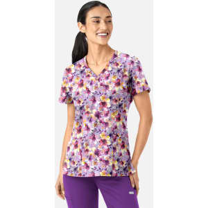 A floral women's V-neck top in purple tones, featuring short sleeves and a fitted design. It has a logo on the side.