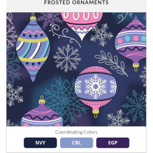 A pattern featuring colourful frosted ornaments in pink, blue, and purple against a dark background with snowflakes.