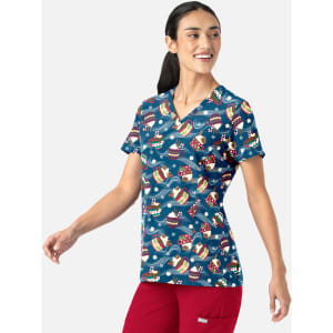 A V-neck print top featuring a colourful pattern of festive motifs on a navy background. The shirt has a logo on it.