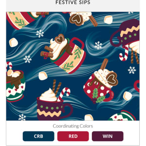 A pattern featuring festive mugs in red, green, and white with holiday treats on a dark blue background.