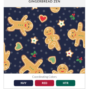 A fabric pattern featuring gingerbread men, hearts, and stars in cream, red, and green on a navy background.