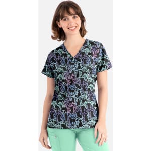 A women's V-neck top featuring a multi-coloured cat print on a black background, with a logo visible.