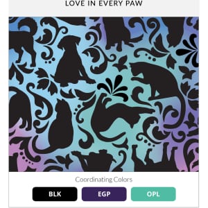 A patterned textile featuring silhouettes of dogs and cats against a pastel background with floral designs.