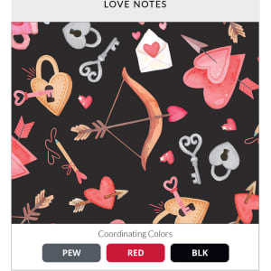 A decorative pattern featuring hearts, keys, arrows, and envelopes on a black background with coordinating colours: pew, red, and black.