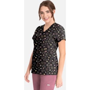 A women's V-neck top featuring a black background with a multicoloured floral print. Includes a logo.