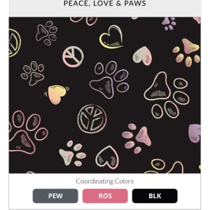 A pattern featuring pastel hearts, peace signs, and paw prints on a black background, with a logo present.