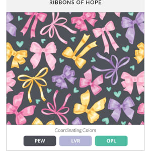 A pattern featuring colourful bows in pink, yellow, and purple on a dark background, accented with small hearts.