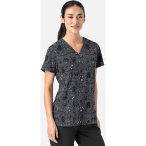 A women's v-neck top featuring a grey fabric with a playful animal print design and a logo on it.