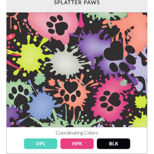 A vibrant pattern featuring multicoloured splashes and black paw prints on a dark background.