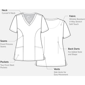 A women’s V-neck top design featuring a curved neck, front princess seams, side vents, and two slant pockets.