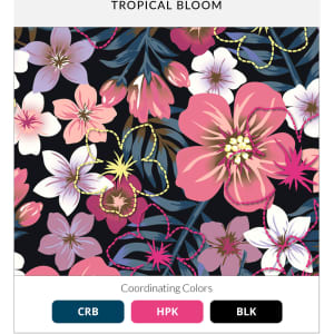 A vibrant floral pattern featuring pink, coral, and white flowers on a dark background, with coordinating colours shown below.