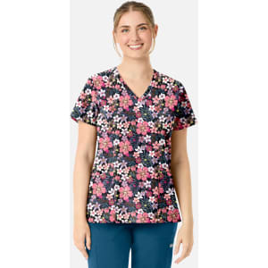 A floral women's V-neck top featuring pink, white, and purple flowers on a dark background, with a branded logo.