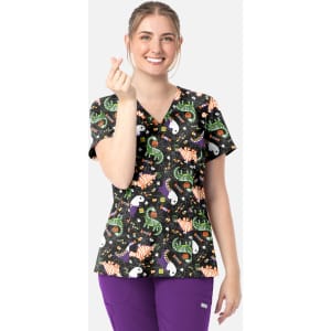 A women's V-neck print top featuring a vibrant pattern of animals and whimsical designs against a black background.