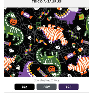 A vibrant pattern featuring green and orange dinosaurs, spiders, and Halloween-themed elements on a black background.