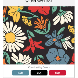 A vibrant floral pattern featuring daisies, tulips, and other flowers in red, blue, white, and green against a black background.
