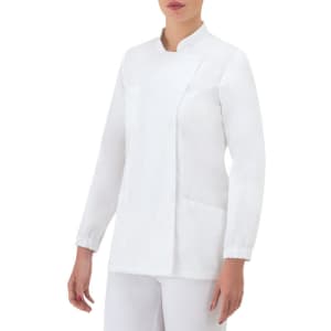 A white Amanda Tunic featuring long sleeves, a stand-up collar, and side pockets. The model is wearing it.