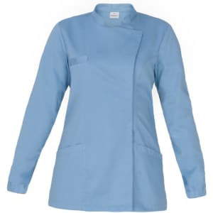 A light blue tunic with a mandarin collar, featuring two front pockets and long sleeves. It has a logo on the label.