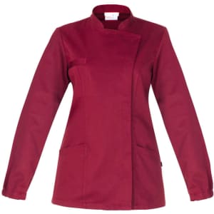 A maroon Amanda Tunic with long sleeves, a high collar, and two front pockets. The garment features a logo.