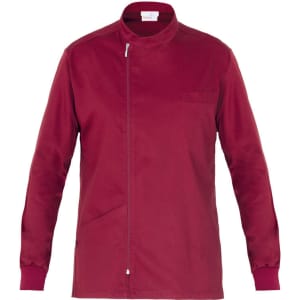 A maroon tunic with a zip closure, featuring a pocket and a stand-up collar. It has a logo on the label.