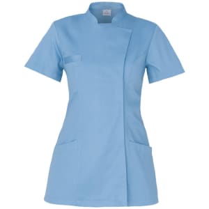 A light blue tunic with short sleeves, a mandarin collar, and two front pockets. It has a logo on the label.