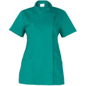 A teal tunic featuring a mandarin collar, short sleeves, and front pockets. It has a logo on the label.