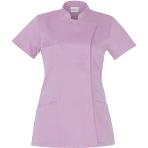 A pink Tati Tunic featuring short sleeves and two front pockets, with a mandarin collar and a logo.