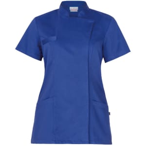 A blue tunic with short sleeves, featuring a front overlay and two side pockets. It has a logo on the collar.