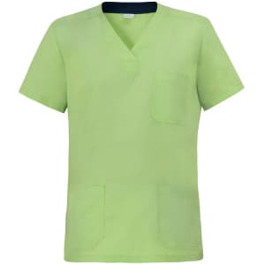 A green Giuliano tunic featuring a V-neck design and multiple pockets. The top has a contrasting navy neckline.