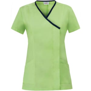 A short-sleeved tunic in light green with a navy trim and two front pockets. It features a crossover neckline and has a logo.